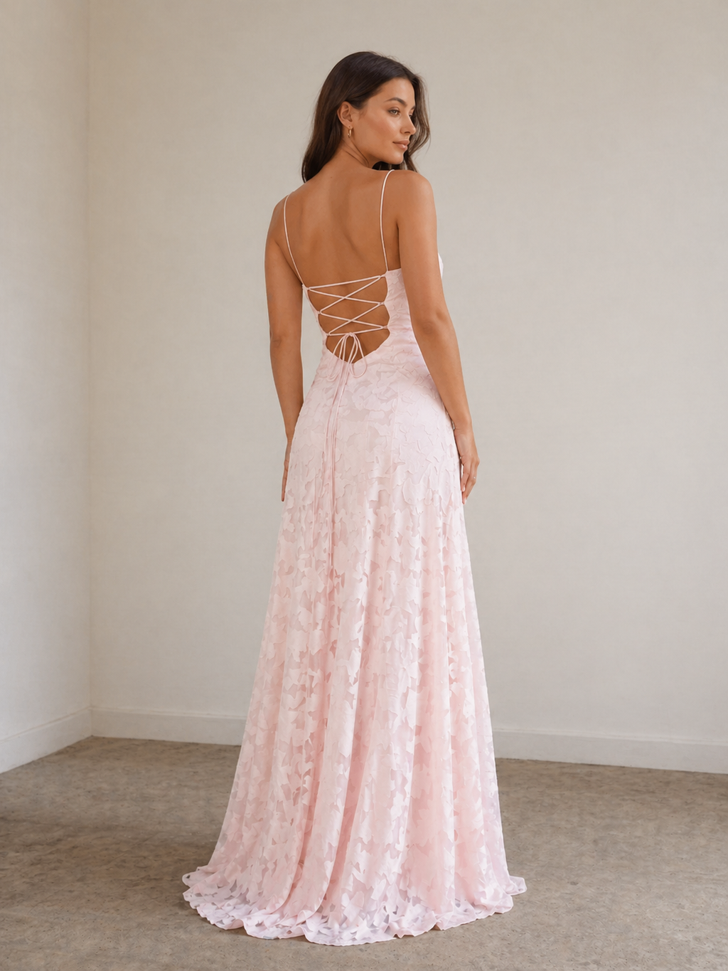 Pink A-Line Lace Floral Spaghetti Straps Long Prom Dresses
