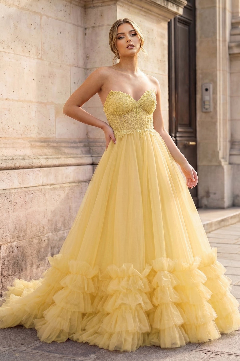 Red Tulle Appliques Sweetheart Ruffle Long Prom Dress
