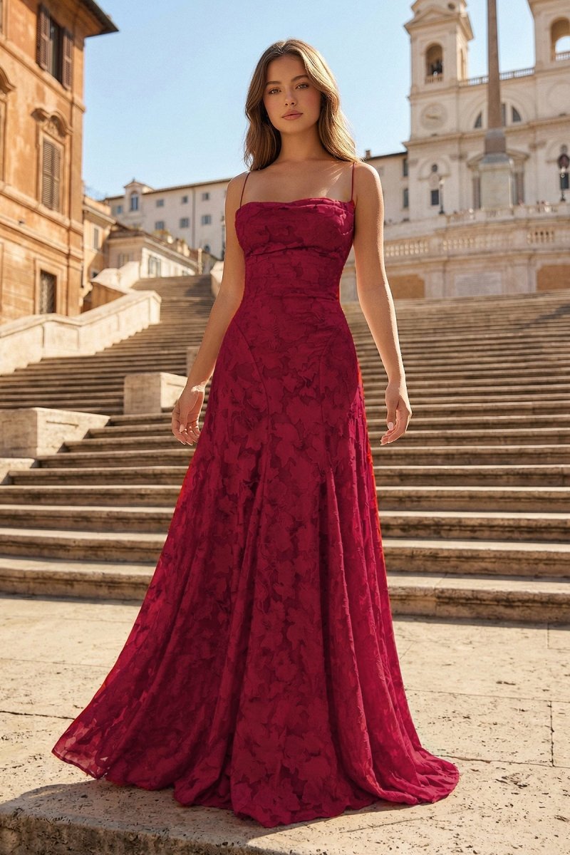 Pink A-Line Lace Floral Spaghetti Straps Long Prom Dresses