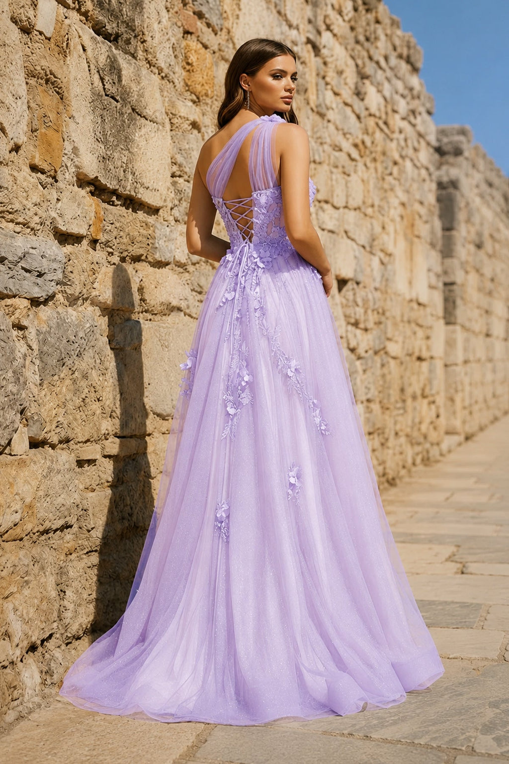 A Line One Shoulder Black Long Prom Dress with Appliques