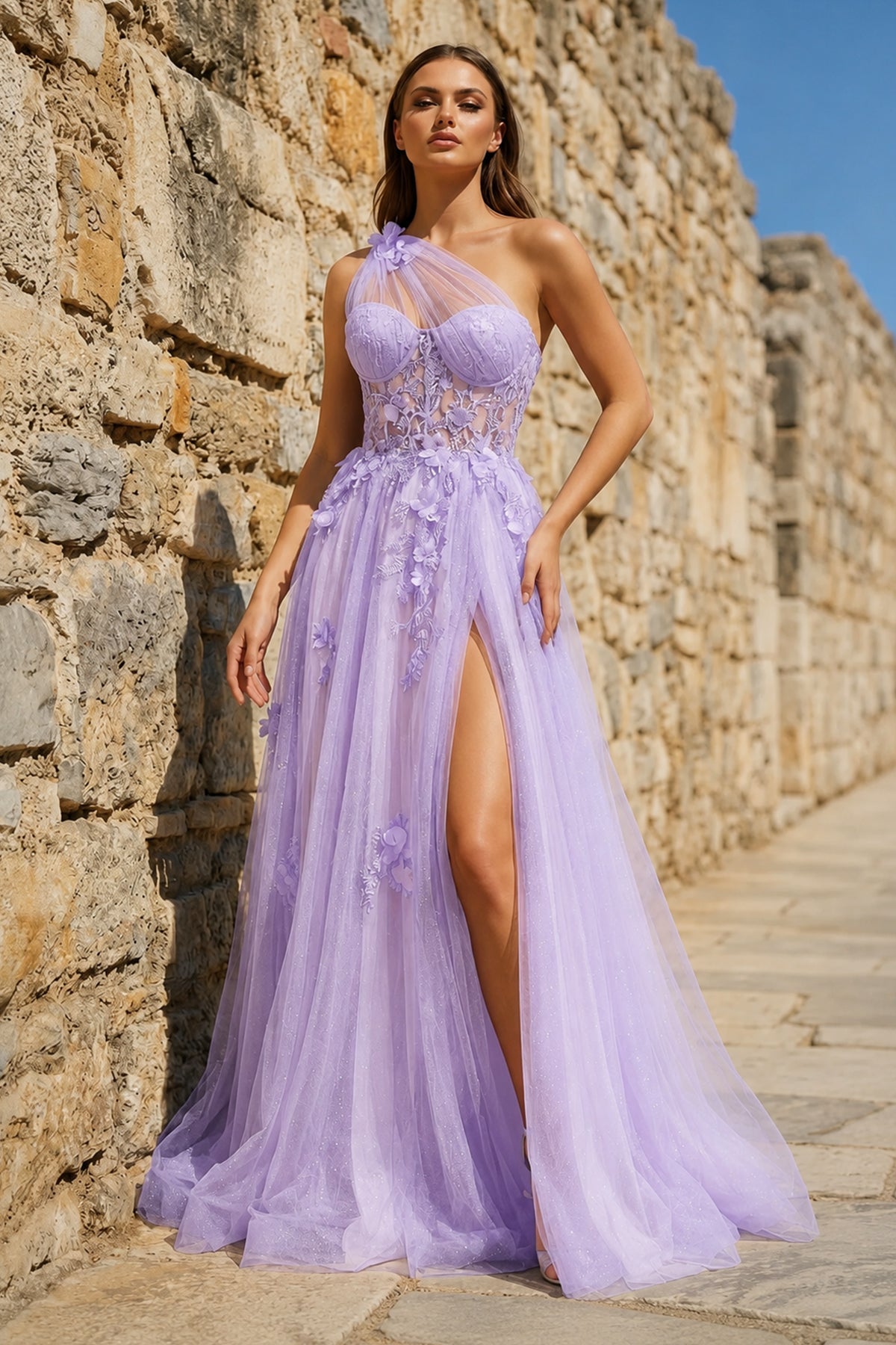 A Line One Shoulder Black Long Prom Dress with Appliques