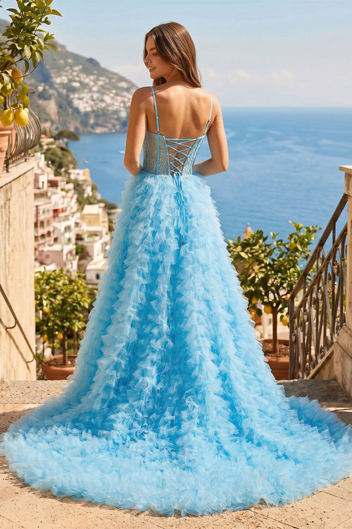 A Line Spaghetti Straps Corset Ruffled Prom Dress