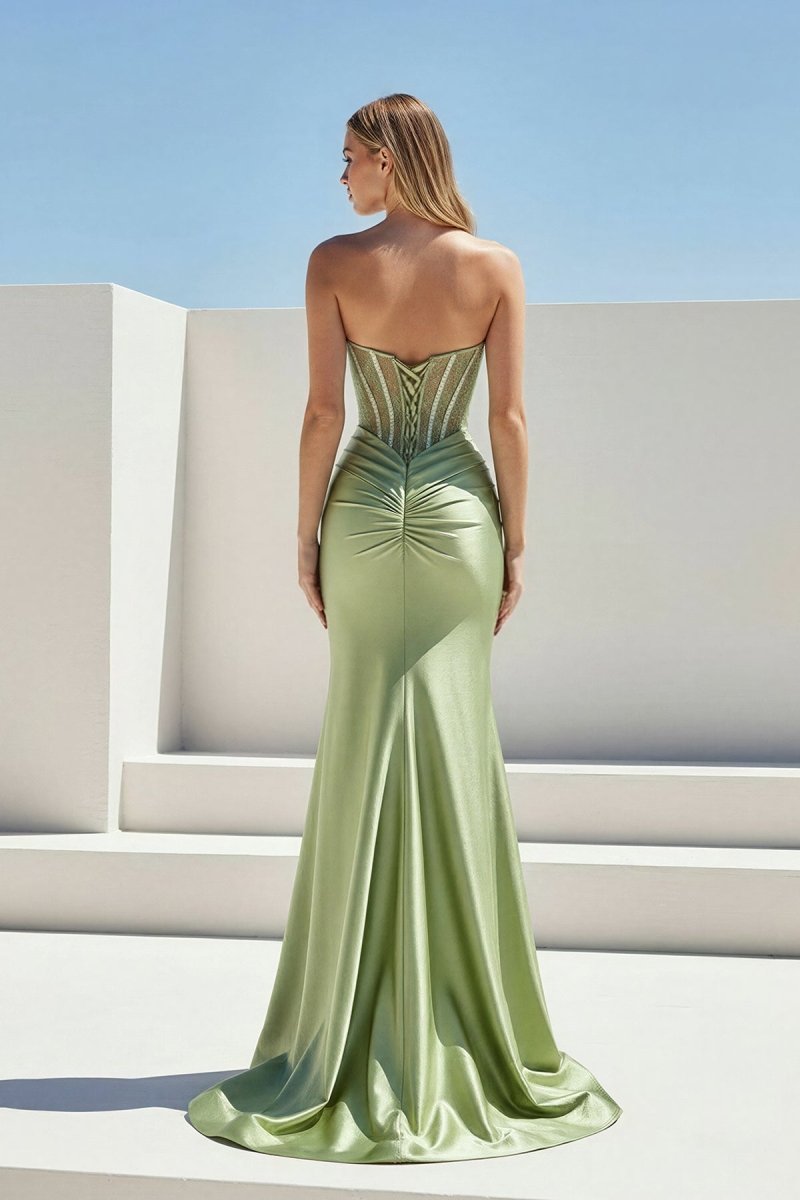Sage Sweetheart Mermaid Satin Beaded Long Prom Dresses With Slit