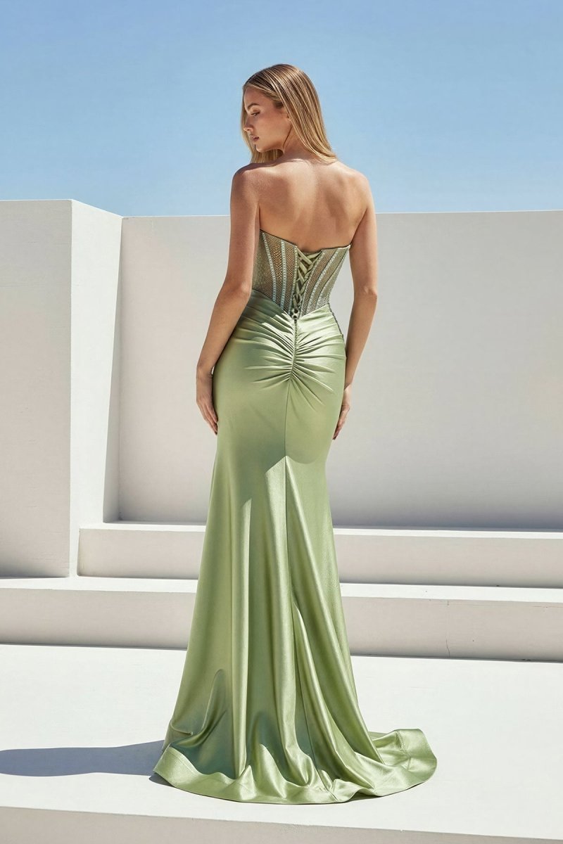 Sage Sweetheart Mermaid Satin Beaded Long Prom Dresses With Slit