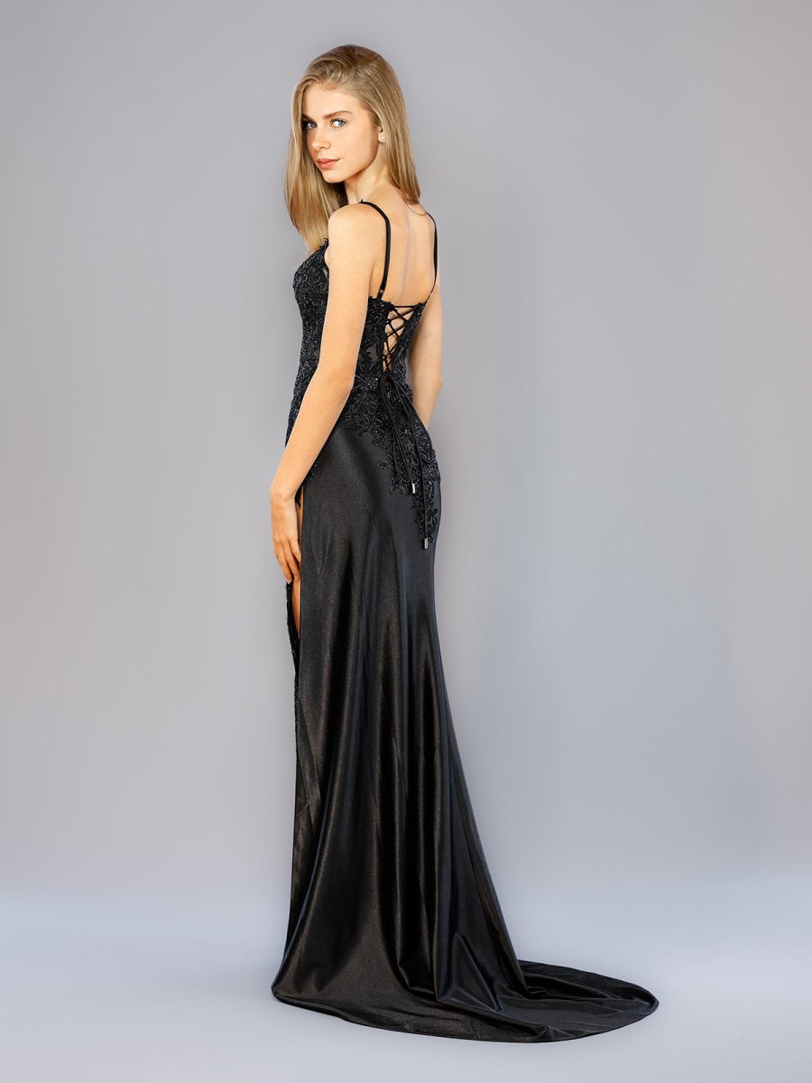 Sheath Spaghetti Straps Black Satin Long Prom Dresses with Lace Appliques