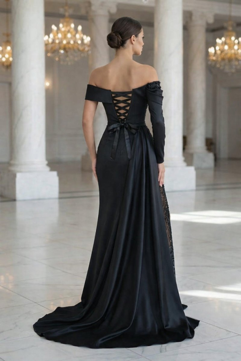 Sheath Off-The-Shoulder Long Sleeves Satin/Sequined Prom Dresses