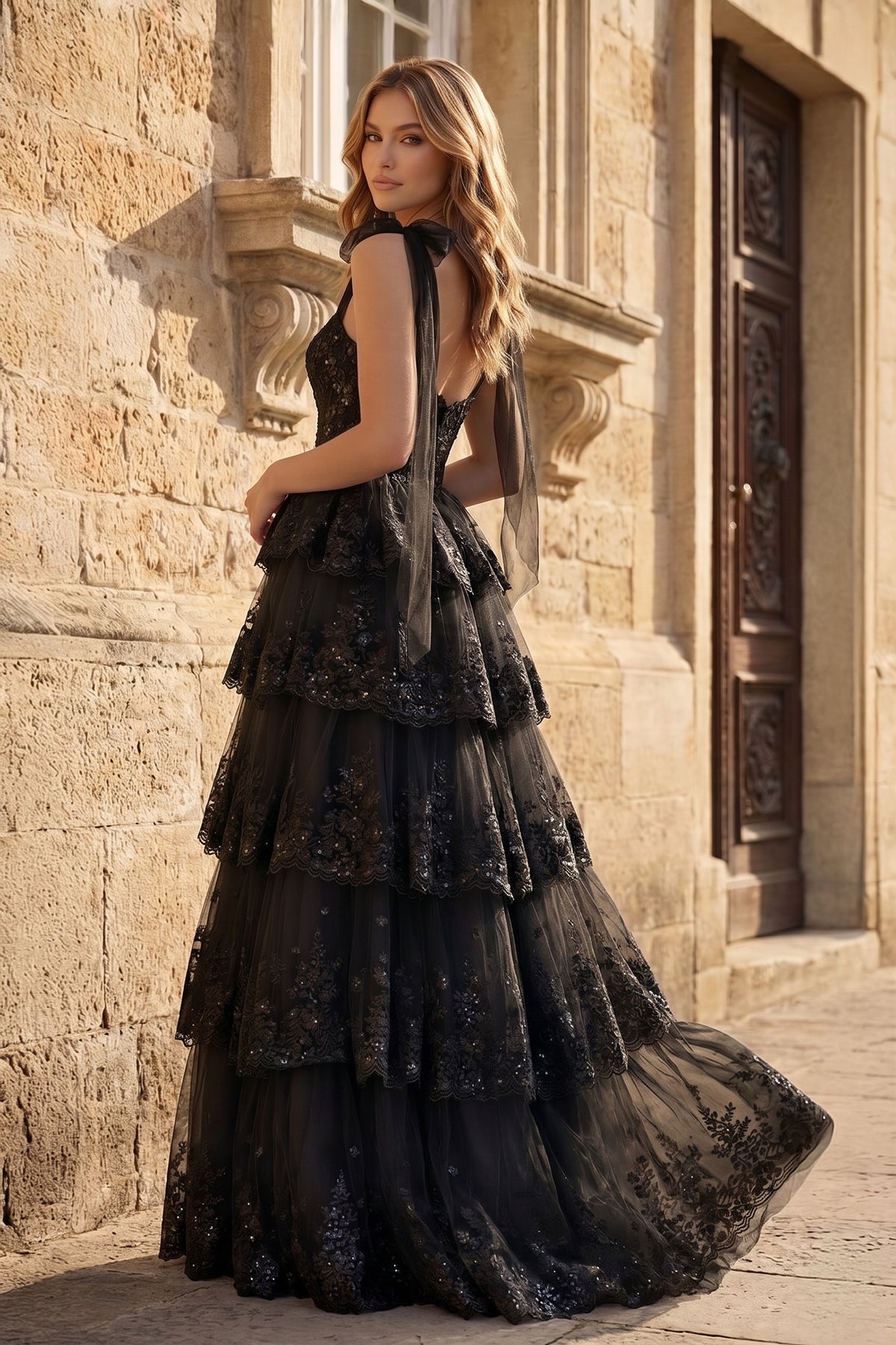 Light Blue Tulle Appliques Tying Strap Ruffle Tiered Long Prom Dress