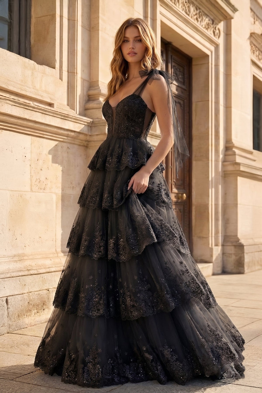 Light Blue Tulle Appliques Tying Strap Ruffle Tiered Long Prom Dress