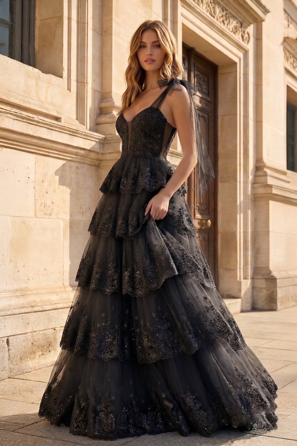 Light Blue Tulle Appliques Tying Strap Ruffle Tiered Long Prom Dress