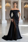 Sheath Off-The-Shoulder Long Sleeves Satin/Sequined Prom Dresses