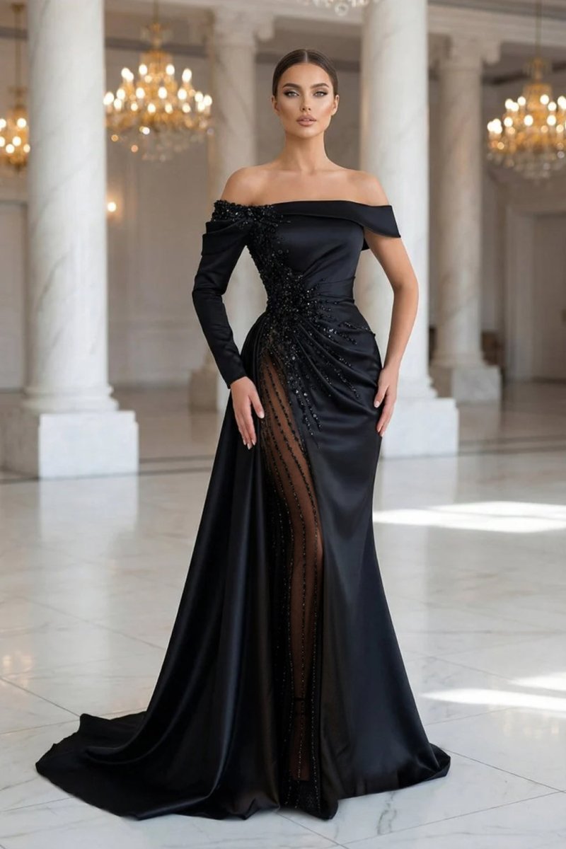 Sheath Off-The-Shoulder Long Sleeves Satin/Sequined Prom Dresses