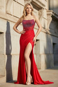 Red Strapless Mermaid Satin Long Prom Dresses with Beading