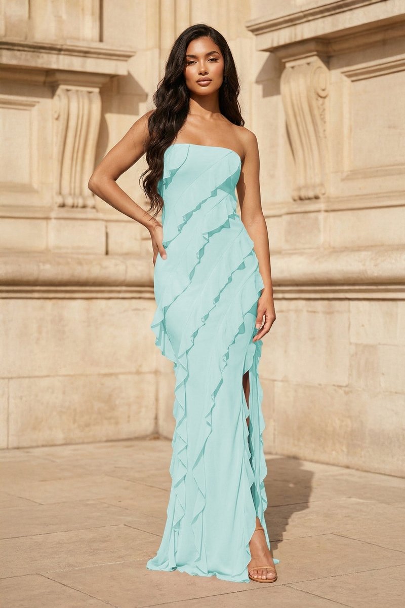 Pink - Sheath Strapless Chiffon Long Prom Dresses With Ruffles