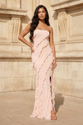 Pink - Sheath Strapless Chiffon Long Prom Dresses With Ruffles