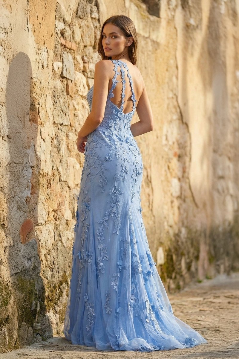 Mermaid One Shoulder Lace Long Prom Dress with Slit