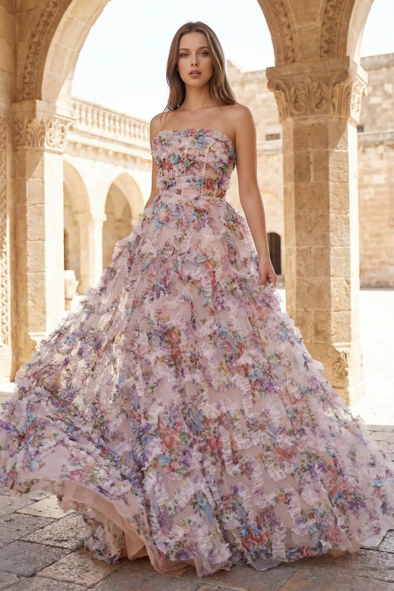 A-Line Strapless Floral Print Ruffle Long Prom Dress with Slit