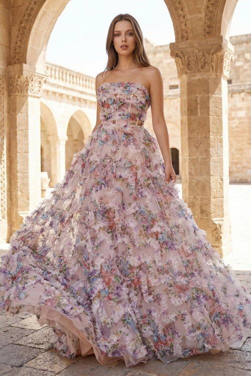 A-Line Strapless Floral Print Ruffle Long Prom Dress with Slit