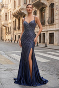 Navy Blue Spaghetti Straps Mermaid Satin Long Prom Dresses With Beading