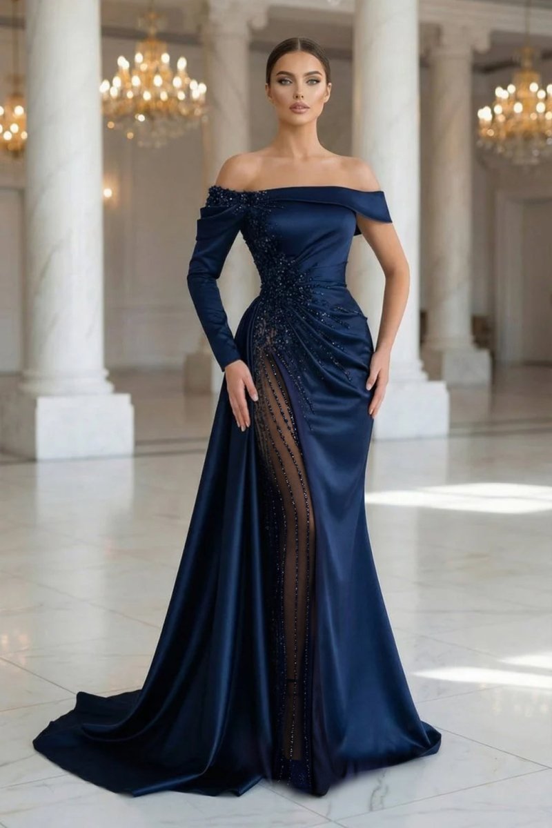 Sheath Off-The-Shoulder Long Sleeves Satin/Sequined Prom Dresses