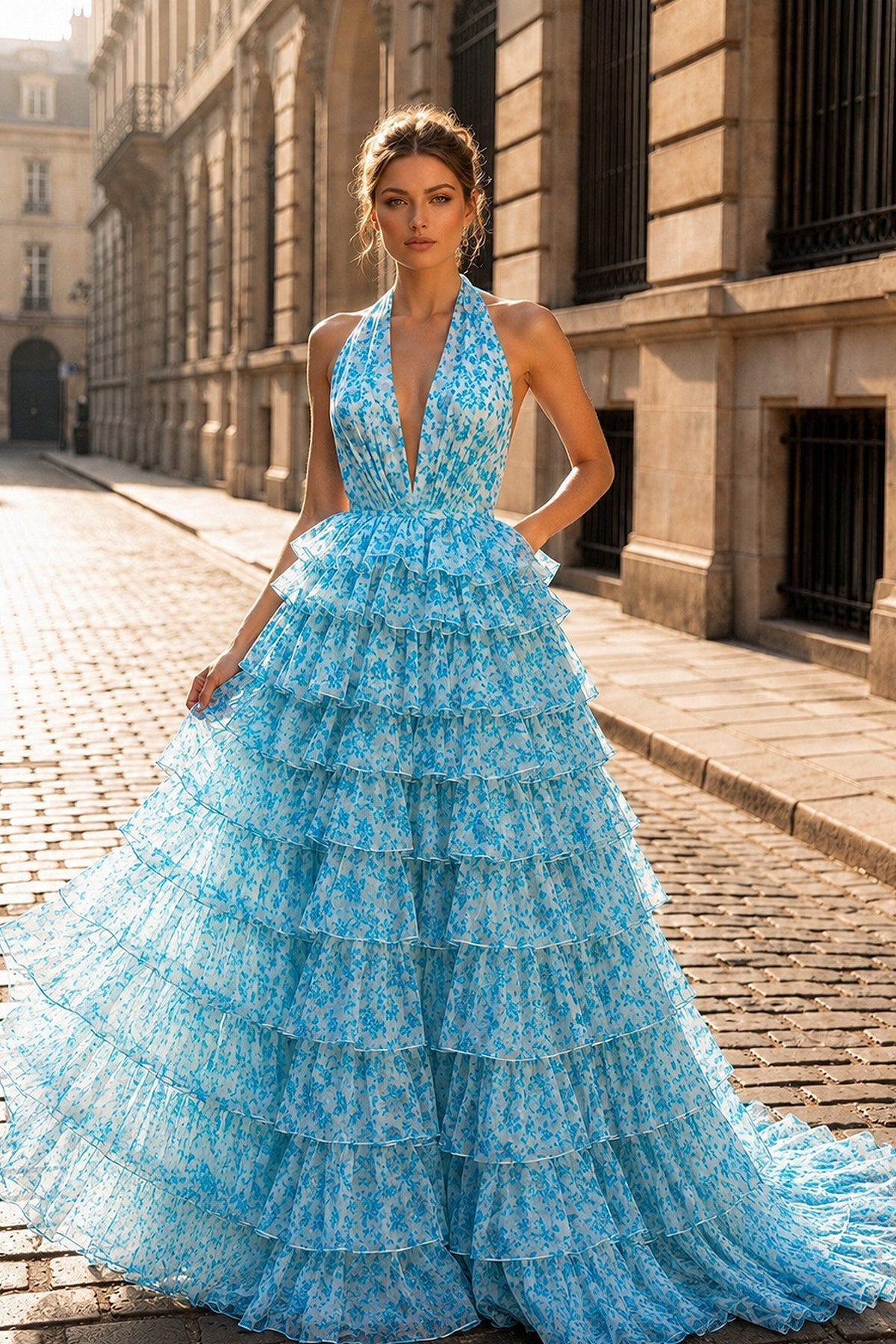 Pink Halter Tulle Printed Ruffle Tiered A Line Prom Dresses