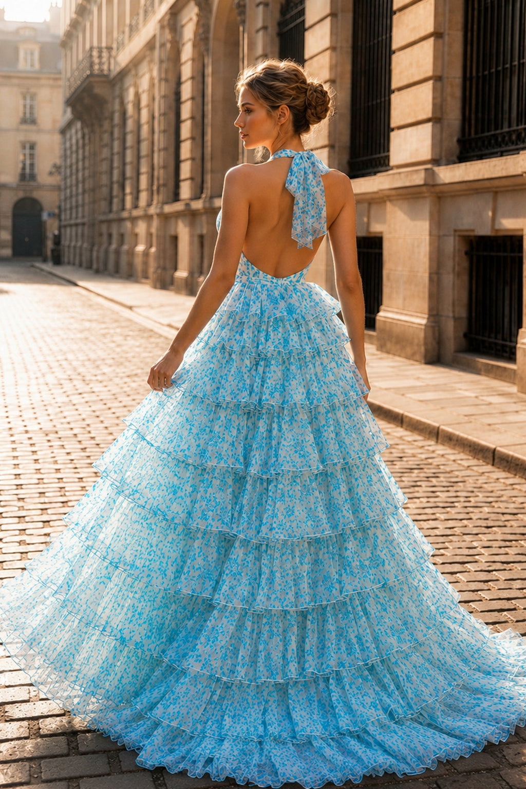 Pink Halter Tulle Printed Ruffle Tiered A Line Prom Dresses