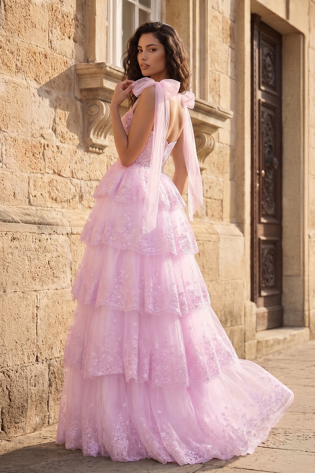 Light Blue Tulle Appliques Tying Strap Ruffle Tiered Long Prom Dress