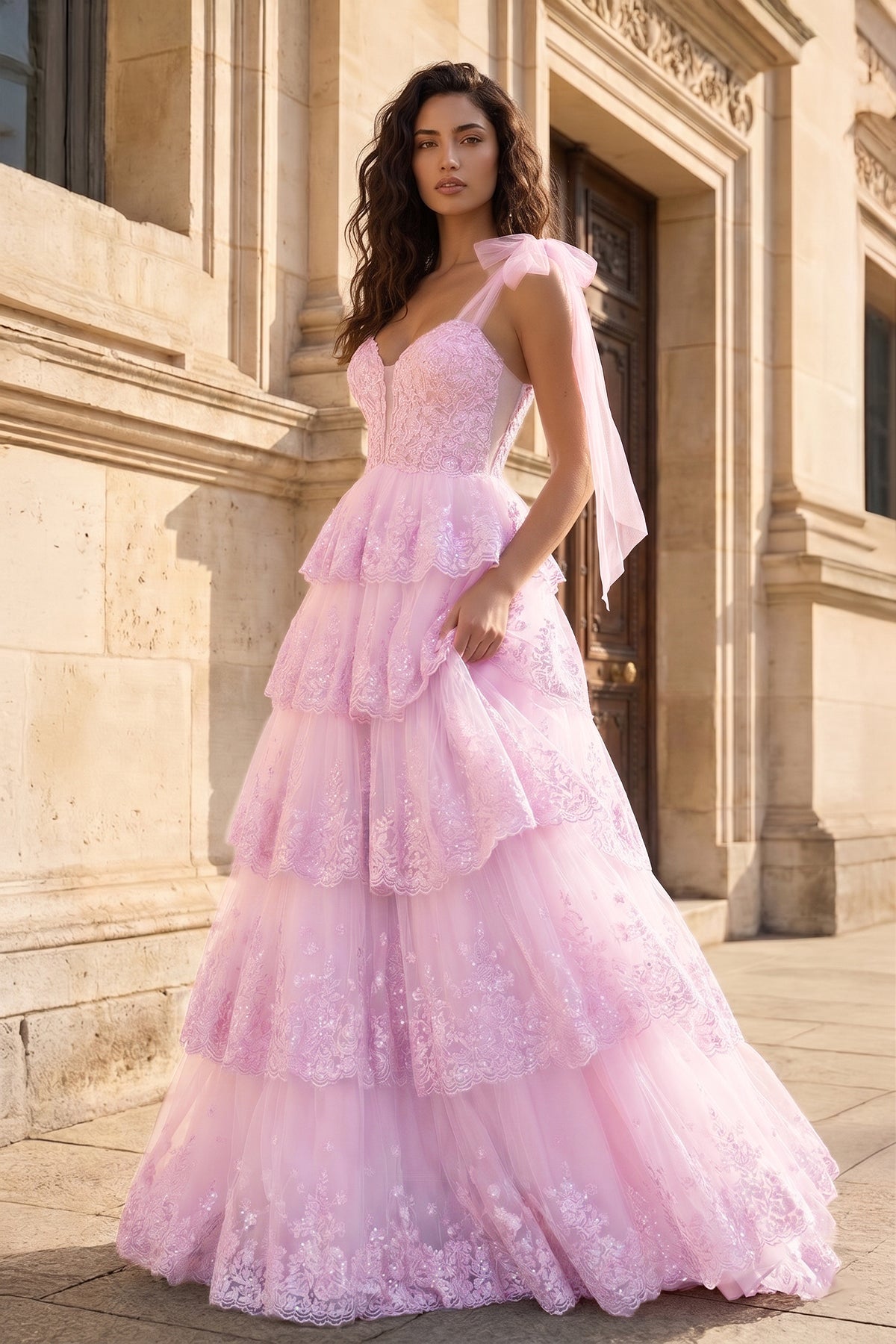 Light Blue Tulle Appliques Tying Strap Ruffle Tiered Long Prom Dress