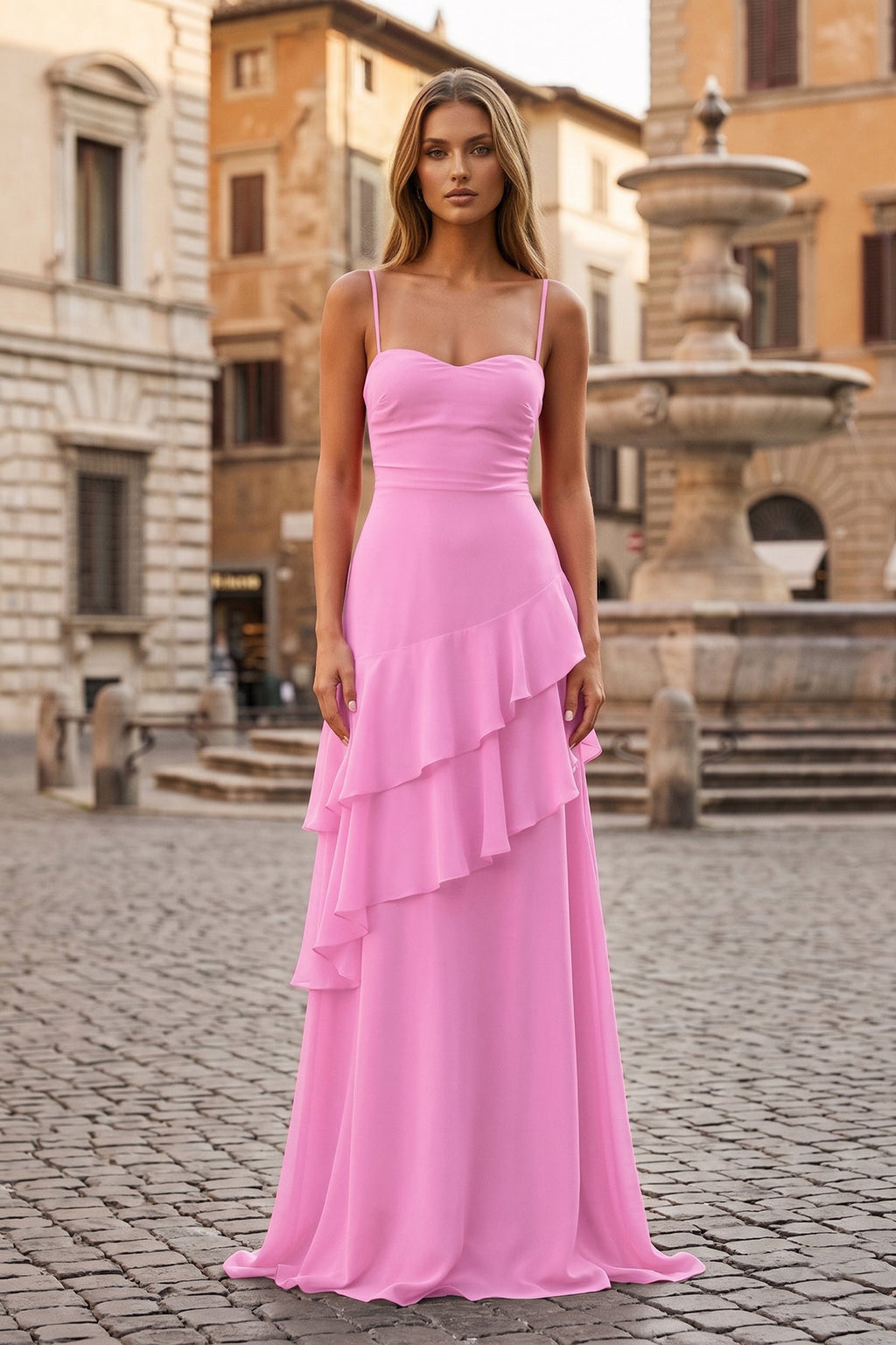 Red Sheath Spaghetti Straps Chiffon Long Prom Dresses with Ruffles