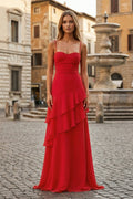 Red Sheath Spaghetti Straps Chiffon Long Prom Dresses with Ruffles