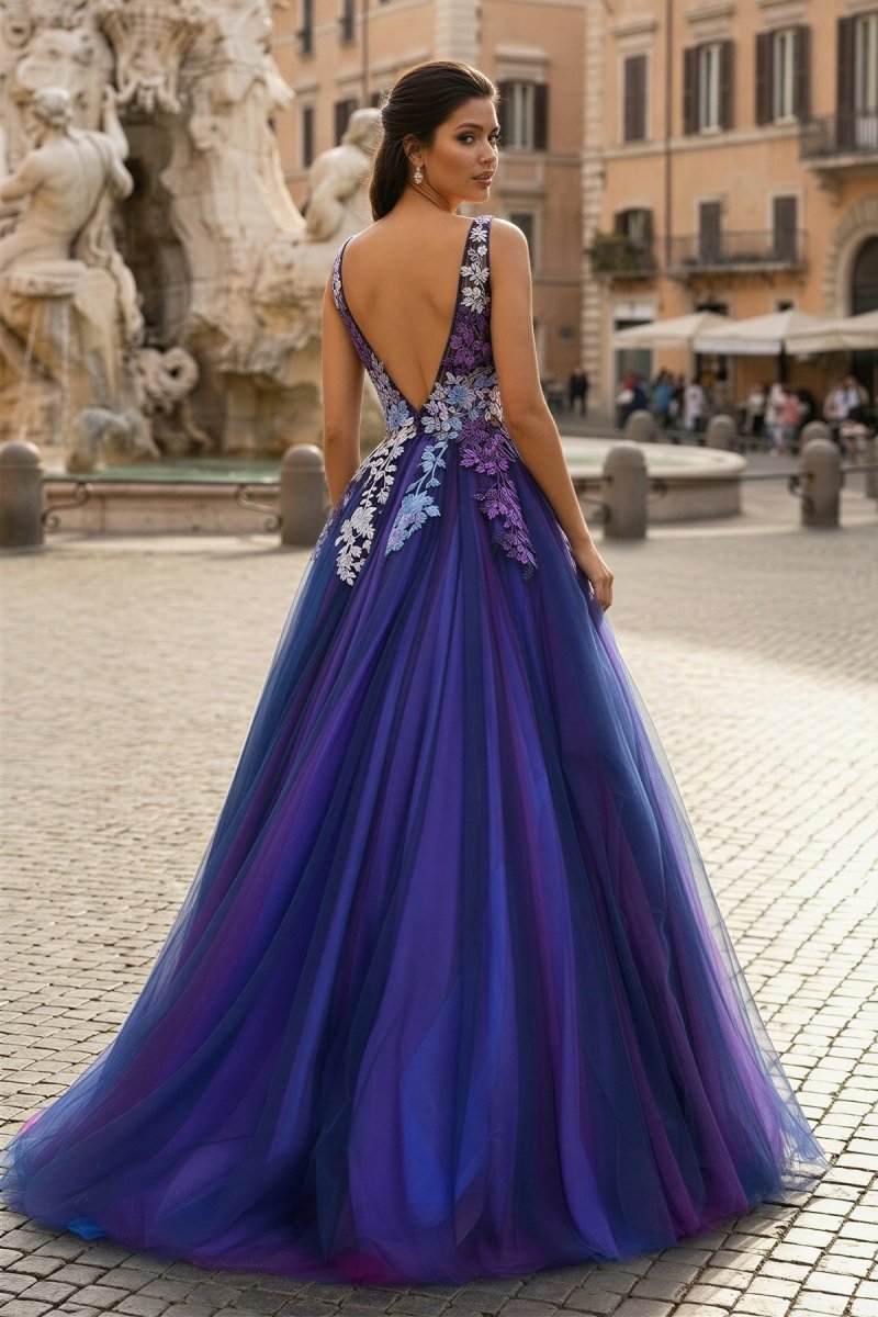 Purple Tulle Appliques V-Neck Open Back Long Prom Dress