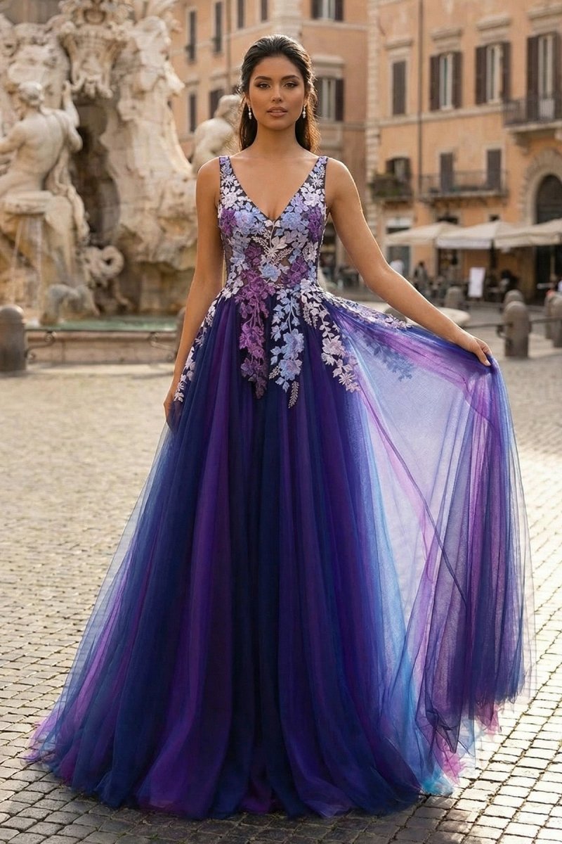 Purple Tulle Appliques V-Neck Open Back Long Prom Dress
