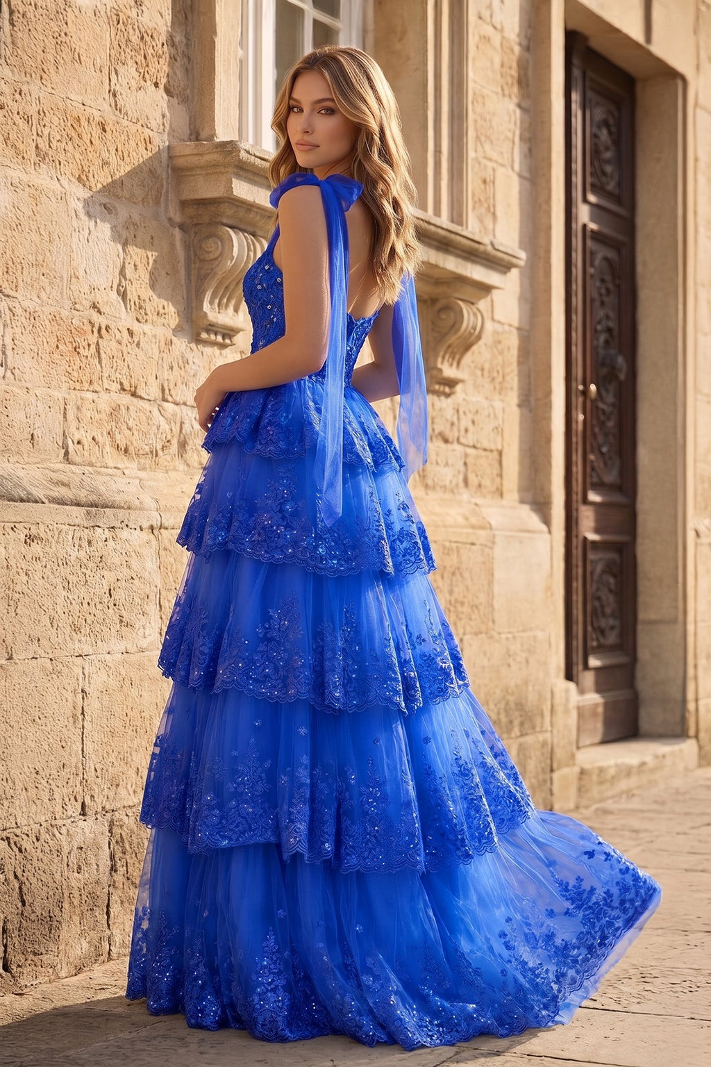 Light Blue Tulle Appliques Tying Strap Ruffle Tiered Long Prom Dress