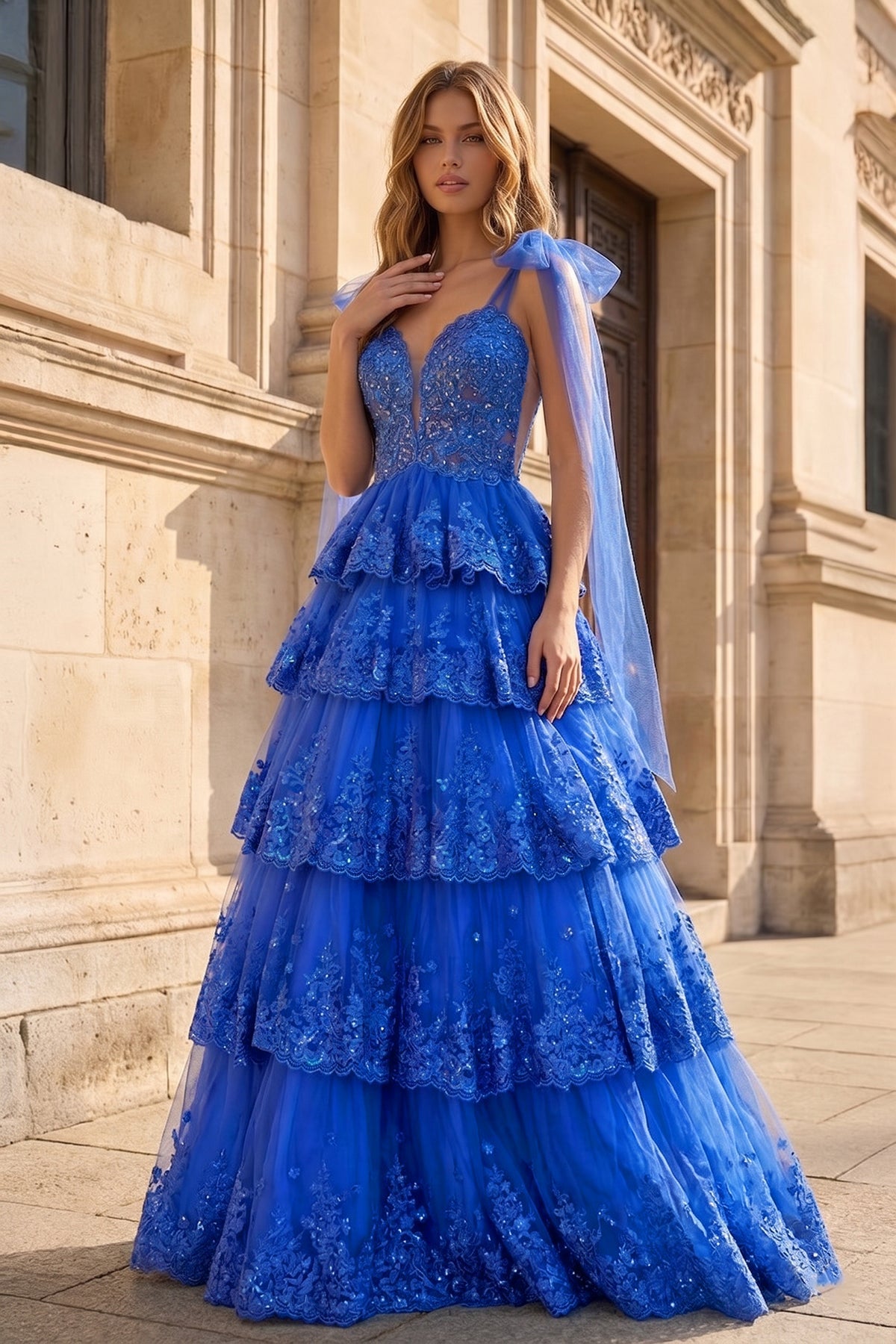 Light Blue Tulle Appliques Tying Strap Ruffle Tiered Long Prom Dress