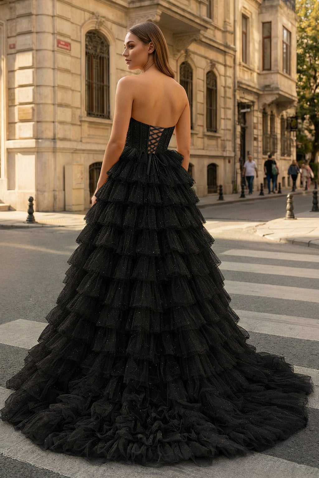 A Line Strapless Corset Glitter Tulle Prom Dress with Ruffles