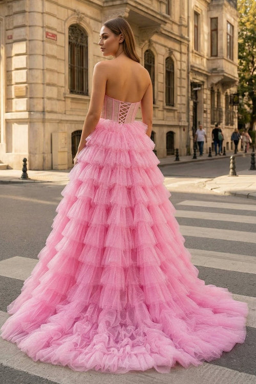 A Line Strapless Corset Glitter Tulle Prom Dress with Ruffles