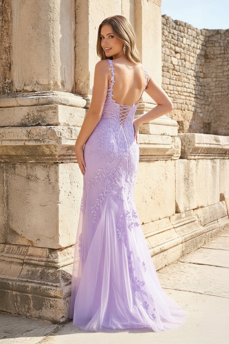 Mermaid Spaghetti Straps Lavender Lace Long Prom Dresses with Appliques