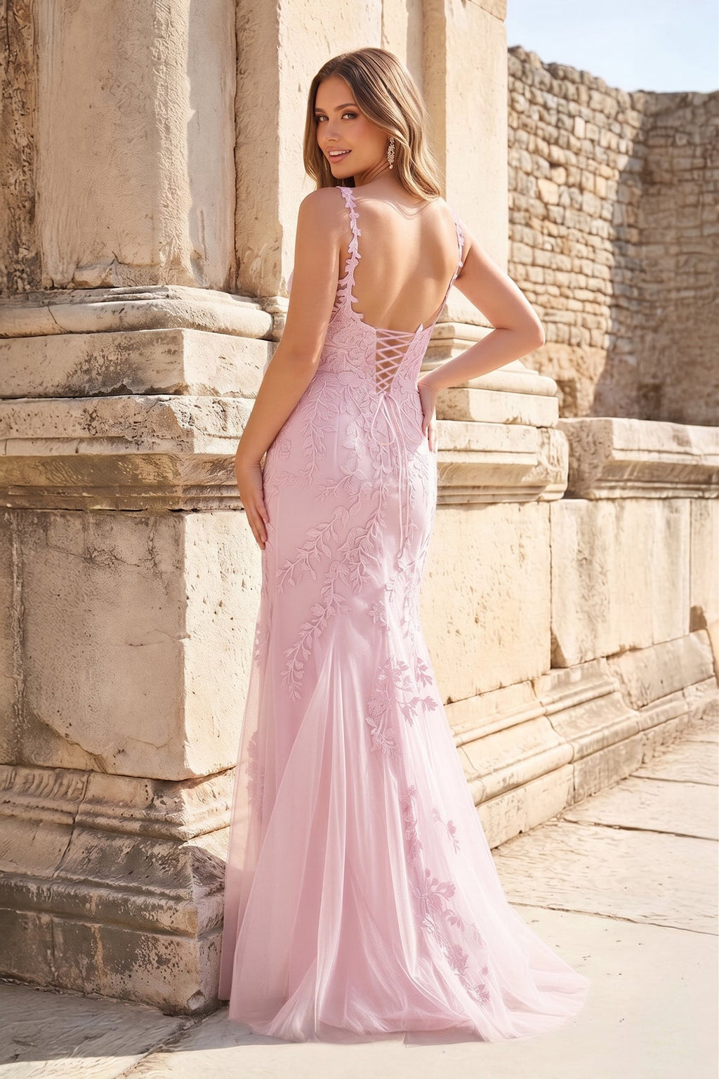 Mermaid Spaghetti Straps Lavender Lace Long Prom Dresses with Appliques