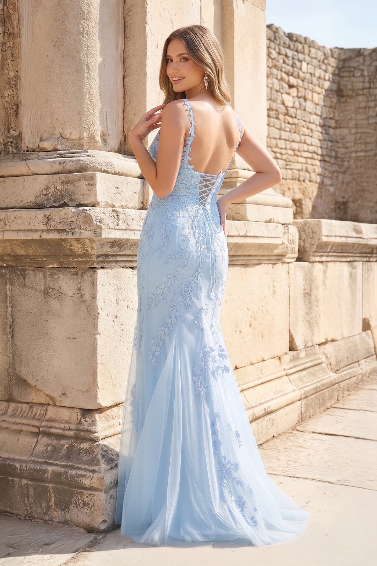 Mermaid Spaghetti Straps Lavender Lace Long Prom Dresses with Appliques