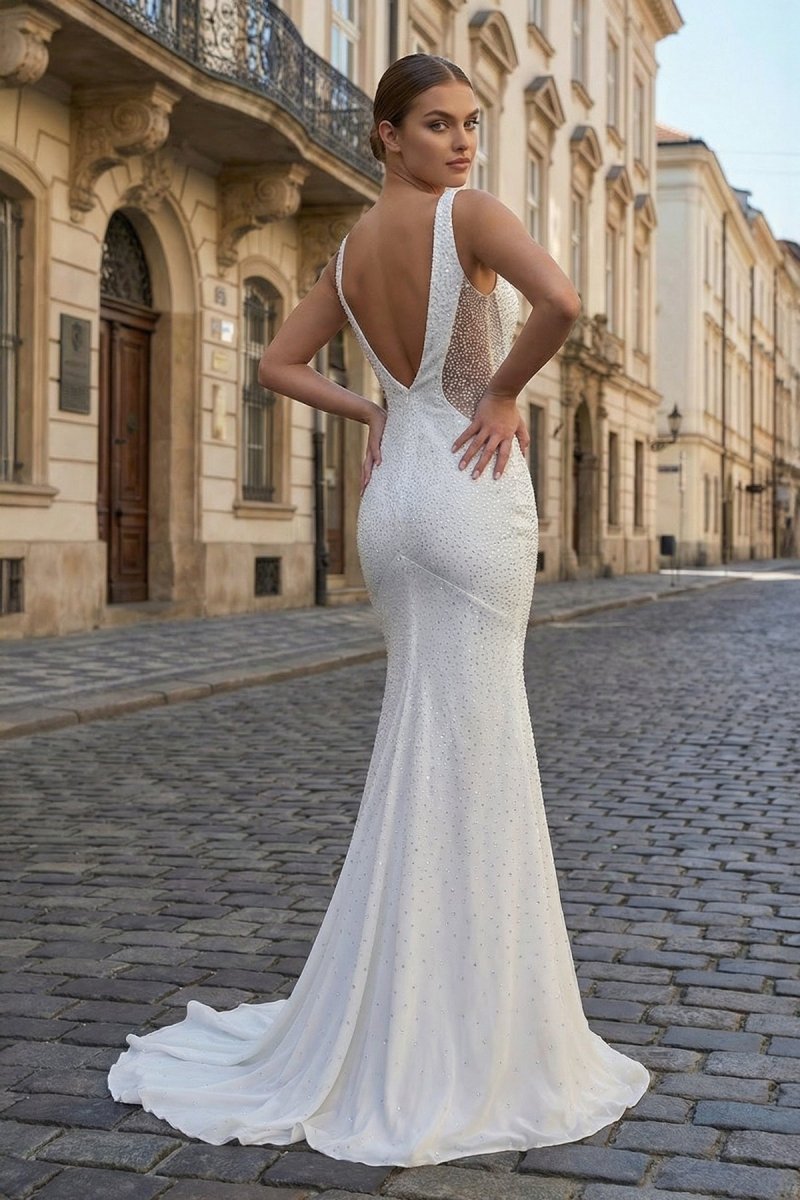  White Mermaid V-Neck Beaded Long Prom Dress