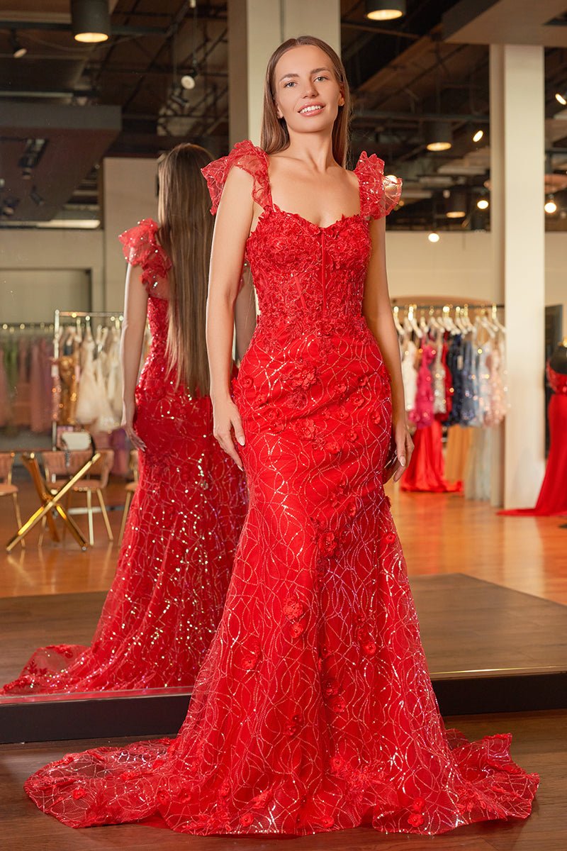 Yellow Ruffle Straps 3D Flower Mermaid Long Prom Dress